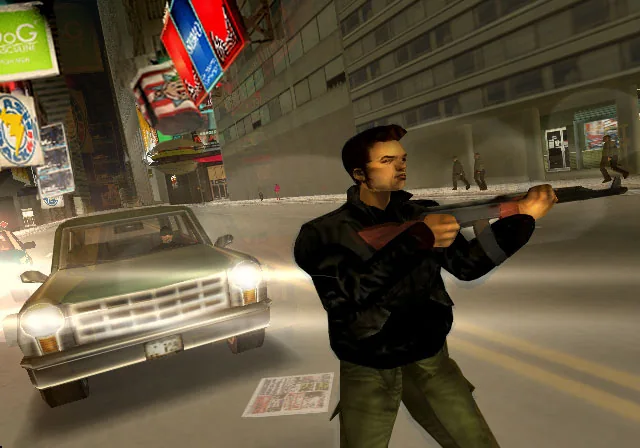 Claude on a Liberty City street in GTA III, with a car and illuminated buildings behind him